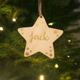 Personalised Name Christmas Star Tree Decoration, Hanging Wooden Gold Xmas Dec, Baby First Bauble. Holiday Decorations 2020 - thumbnail 2