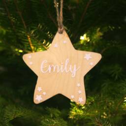 Personalised Name Christmas Star Tree Decoration, Hanging Wooden Gold Xmas Dec, Baby First Bauble. Holiday Decorations 2020 - thumbnail 3