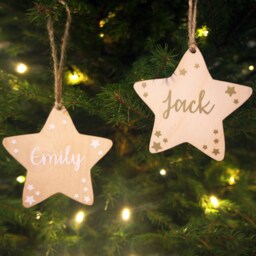 Personalised Name Christmas Star Tree Decoration, Hanging Wooden Gold Xmas Dec, Baby First Bauble. Holiday Decorations 2020