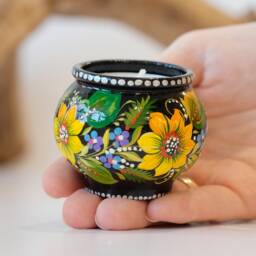 Hand-Painted Wooden Sunflower Tea Light Holder, Ukrainian Petrykivka Art - thumbnail 4