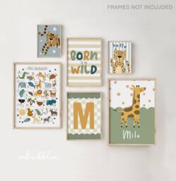 Personalised Safari Set Of Gallery Wall Prints in Bright Colours, Toddler Jungle Bedroom & Playroom Decor, Neutral Kids Room Art - thumbnail 1