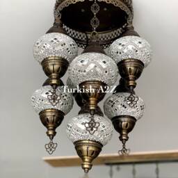 7-Globe Turkish Mosaic Chandelier - Flush Mount Sultan Lamp - thumbnail 2