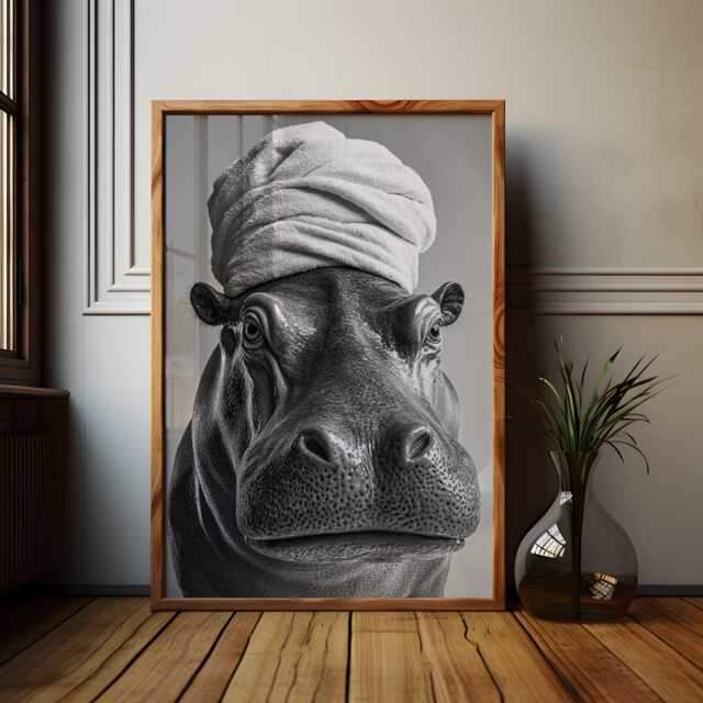 Hippo Bathroom Poster Monochromatic Animal Art Print - image 1