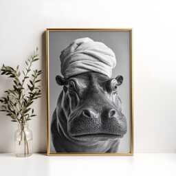 Hippo Bathroom Poster Monochromatic Animal Art Print - thumbnail 3