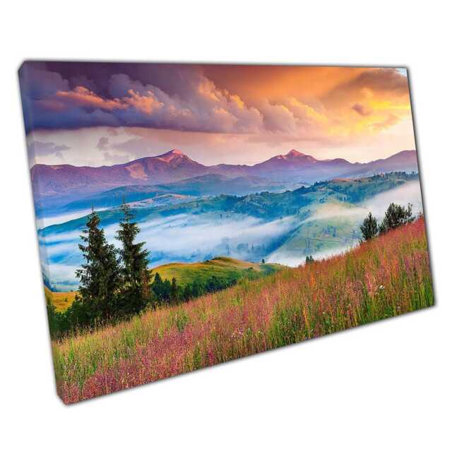 Carpathian Mountains Canvas Print Foggy Morning Sunrise Wall Art For Home D??cor Grassy Meadows - image 1