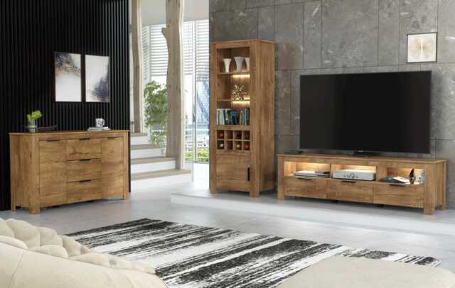 Furneo Tv Stand Oak Dark Effect Display Cabinet Sideboard Set Led Light Prestigio 2/4/6 - image 1