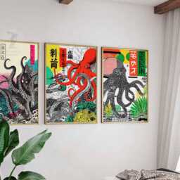 Japanese Octopus Art Print Set Of 3 - Retro Posters Vintage Japan Wall Tentacle Marine Decor Ukiyo-E Style Prints - thumbnail 3