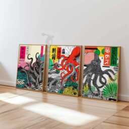 Japanese Octopus Art Print Set Of 3 - Retro Posters Vintage Japan Wall Tentacle Marine Decor Ukiyo-E Style Prints - thumbnail 2