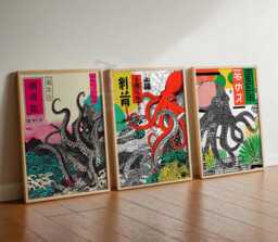 Japanese Octopus Art Print Set Of 3 - Retro Posters Vintage Japan Wall Tentacle Marine Decor Ukiyo-E Style Prints - thumbnail 1