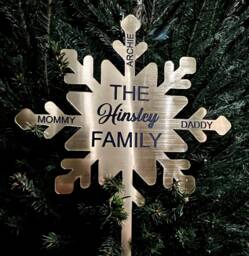 Gold Personalized Christmas Snowflake Tree Topper Custom Family Name - thumbnail 1