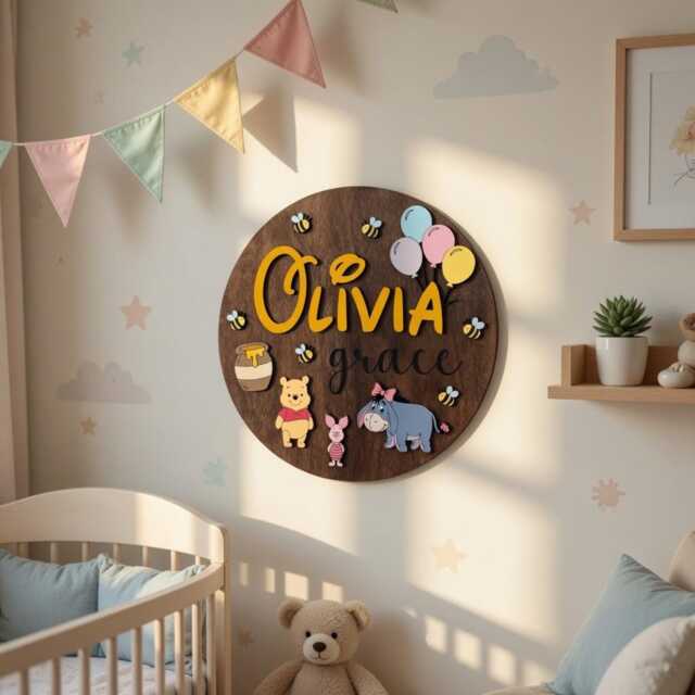 Winnie The Pooh Custom Name Sign, Personalized Circle Plaque, Round Wooden Kids Decor, Pooh Nursery Wall Art, Piglet Eeyore - image 1