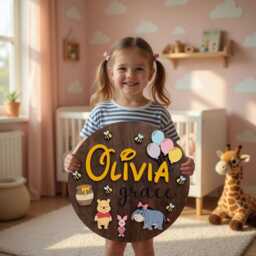 Winnie The Pooh Custom Name Sign, Personalized Circle Plaque, Round Wooden Kids Decor, Pooh Nursery Wall Art, Piglet Eeyore - thumbnail 2