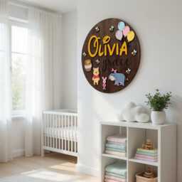 Winnie The Pooh Custom Name Sign, Personalized Circle Plaque, Round Wooden Kids Decor, Pooh Nursery Wall Art, Piglet Eeyore - thumbnail 3