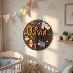 Winnie The Pooh Custom Name Sign, Personalized Circle Plaque, Round Wooden Kids Decor, Pooh Nursery Wall Art, Piglet Eeyore - thumbnail 1