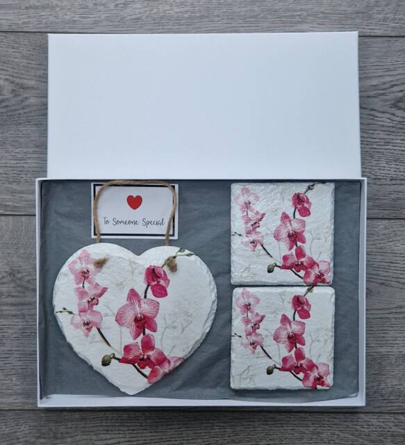 Orchid Slate Heart Wall Hanging & Coaster Set Decoupage Floral Gift - image 1