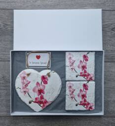 Orchid Slate Heart Wall Hanging & Coaster Set Decoupage Floral Gift - thumbnail 1
