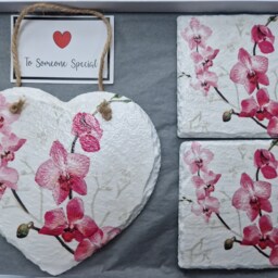 Orchid Slate Heart Wall Hanging & Coaster Set Decoupage Floral Gift - thumbnail 3