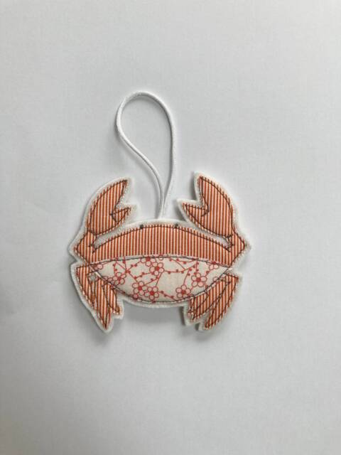 Crab Christmas Decoration, Ornament, Christmas Tree, Hanging Orange & White Stripe Fabric, Embroidery Art, Embroidery, Cornwall - image 1