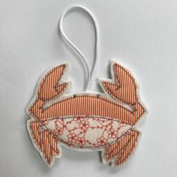 Crab Christmas Decoration, Ornament, Christmas Tree, Hanging Orange & White Stripe Fabric, Embroidery Art, Embroidery, Cornwall - thumbnail 2
