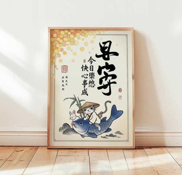 Japanese Lucky Cat Poster - Maneki Neko Wall Art Koi Fish Print - image 1