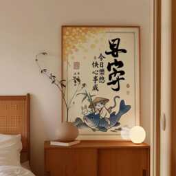 Japanese Lucky Cat Poster - Maneki Neko Wall Art Koi Fish Print - thumbnail 2