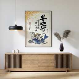 Japanese Lucky Cat Poster - Maneki Neko Wall Art Koi Fish Print - thumbnail 3
