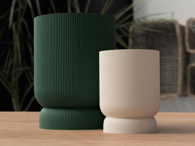 Modern Ribbed Planter With Drip Tray Indoor Plant Pot Contemporary Home Decor Minimalist - image 1