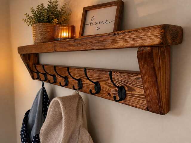 Farmhouse Coat Rack Shelf - 10 Black Hooks Rustic Wooden Hallway Organizer - image 1