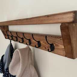 Farmhouse Coat Rack Shelf - 10 Black Hooks Rustic Wooden Hallway Organizer - thumbnail 2