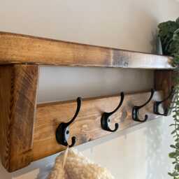 Farmhouse Coat Rack Shelf - 10 Black Hooks Rustic Wooden Hallway Organizer - thumbnail 4