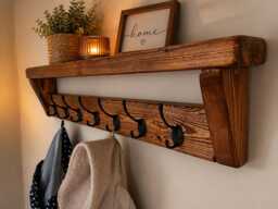 Farmhouse Coat Rack Shelf - 10 Black Hooks Rustic Wooden Hallway Organizer