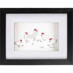 Pebble Art & Sea Glass Picture - Framed Handmade White Chickens Hens Chicks - thumbnail 2