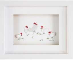 Pebble Art & Sea Glass Picture - Framed Handmade White Chickens Hens Chicks - thumbnail 1