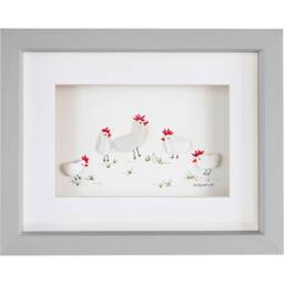 Pebble Art & Sea Glass Picture - Framed Handmade White Chickens Hens Chicks - thumbnail 3