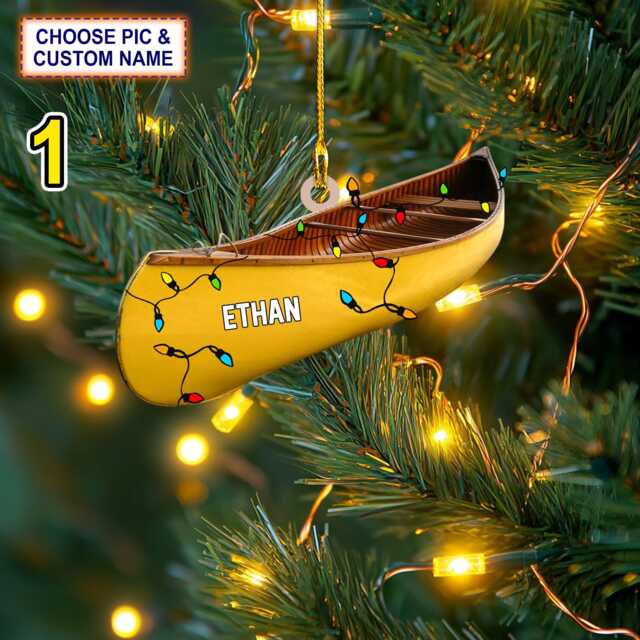 Custom Name Canoe Xmas Personalized Ornament, Christmas Tree Hanging Decor, 2D Flat Ornament - image 1