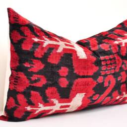 Red Black Silk Velvet Ikat Pillow Cover, Accent Cushion - thumbnail 2