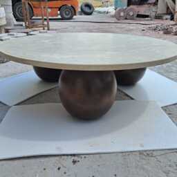 Round Travertine Coffee Table With Wooden Sphere Legs, Handcrafted Modern Beige Wooden Ball Legs - thumbnail 2