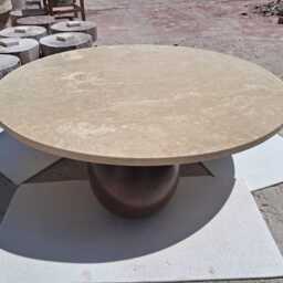 Round Travertine Coffee Table With Wooden Sphere Legs, Handcrafted Modern Beige Wooden Ball Legs - thumbnail 3