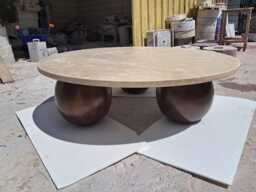 Round Travertine Coffee Table With Wooden Sphere Legs, Handcrafted Modern Beige Wooden Ball Legs