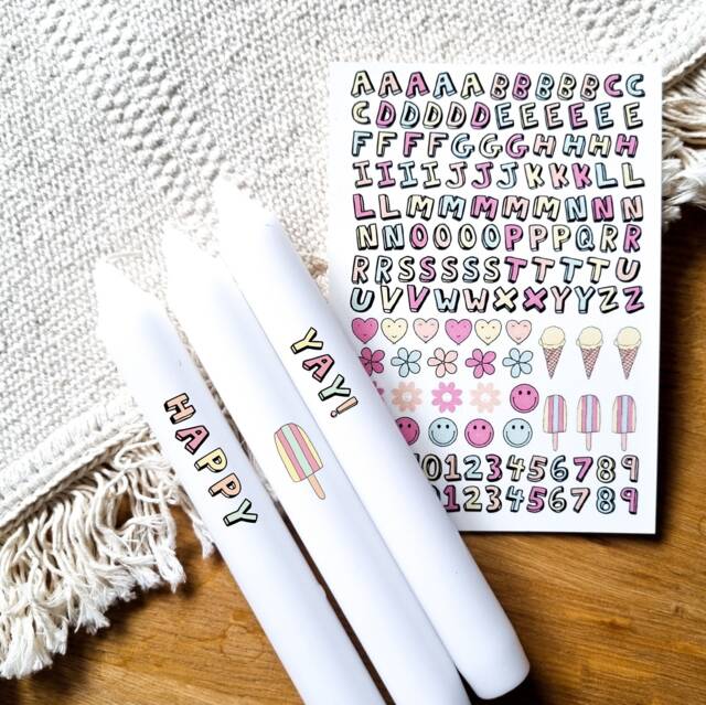 Candle Tattoos Various Motifs - Water Slide Film Decorate Candles Sayings Be Happy Abc - image 1