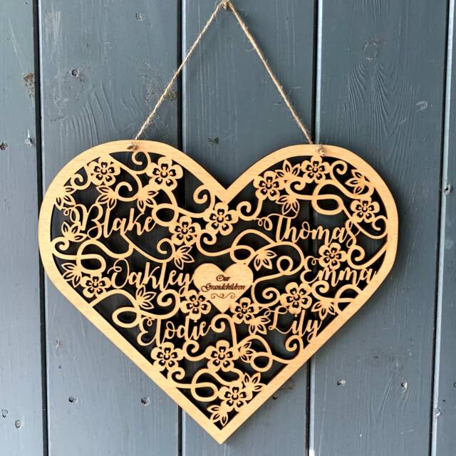 Personalised Wooden Family Heart Papercut Style Grandparent Gift - image 1