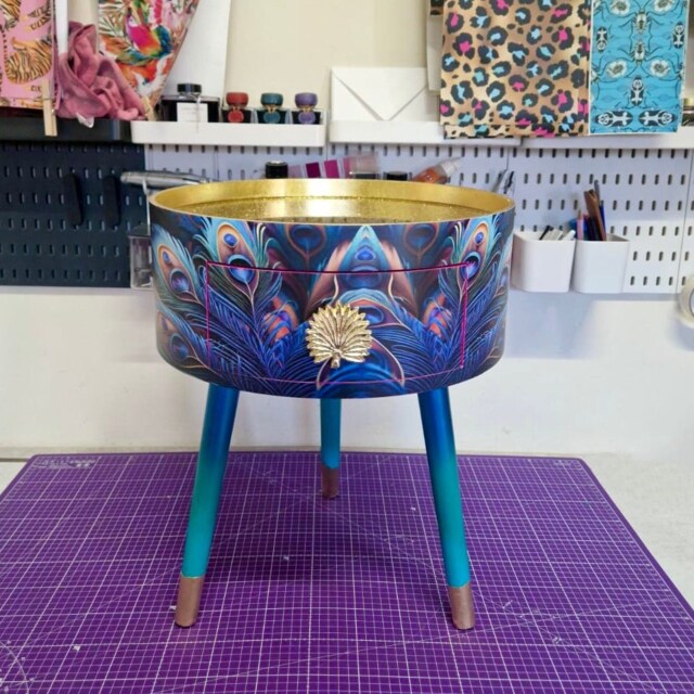 Peacock Side Table Glitter Top, Blue, Green & Teal Jewel Colours, Opulent Nightstand, Hot Pink Navy Bedside Table, Round Small - image 1