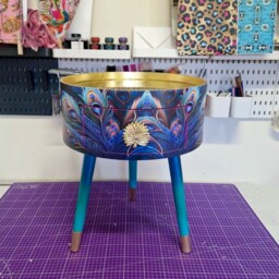 Peacock Side Table Glitter Top, Blue, Green & Teal Jewel Colours, Opulent Nightstand, Hot Pink Navy Bedside Table, Round Small - thumbnail 1