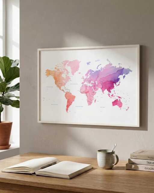 Warm Watercolor World Map Print - Home Office Wall Art - image 1