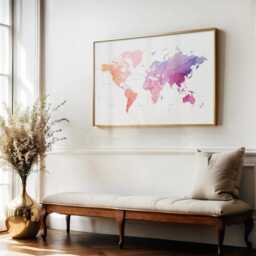 Warm Watercolor World Map Print - Home Office Wall Art - thumbnail 3