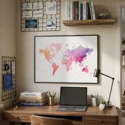 Warm Watercolor World Map Print - Home Office Wall Art - thumbnail 2