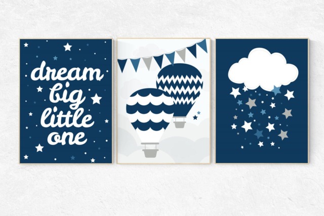 Navy Gray Nursery Decor Moon, Elephant, Balloons Wall Art - image 1