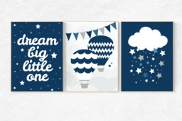 Navy Gray Nursery Decor Moon, Elephant, Balloons Wall Art - thumbnail 1