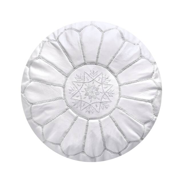 Artisanal Moroccan Leather Pouffe - Handmade Delivered Stuffed Ottoman, Footstool, Floor Cushion - White - image 1