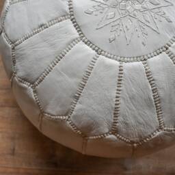 Artisanal Moroccan Leather Pouffe - Handmade Delivered Stuffed Ottoman, Footstool, Floor Cushion - White - thumbnail 2